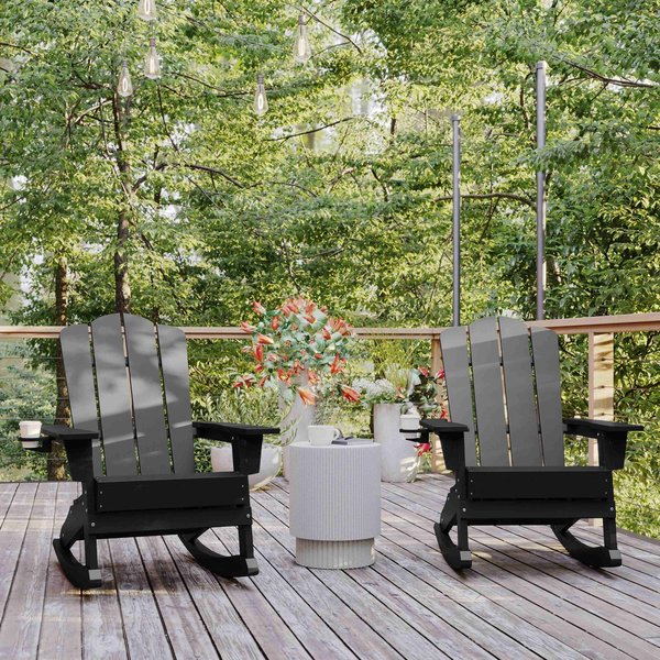 Flash Furniture Black Adirondack Rocking Chairs with Cupholder, 2PK 2-LE-HMP-1045-31-BK-GG